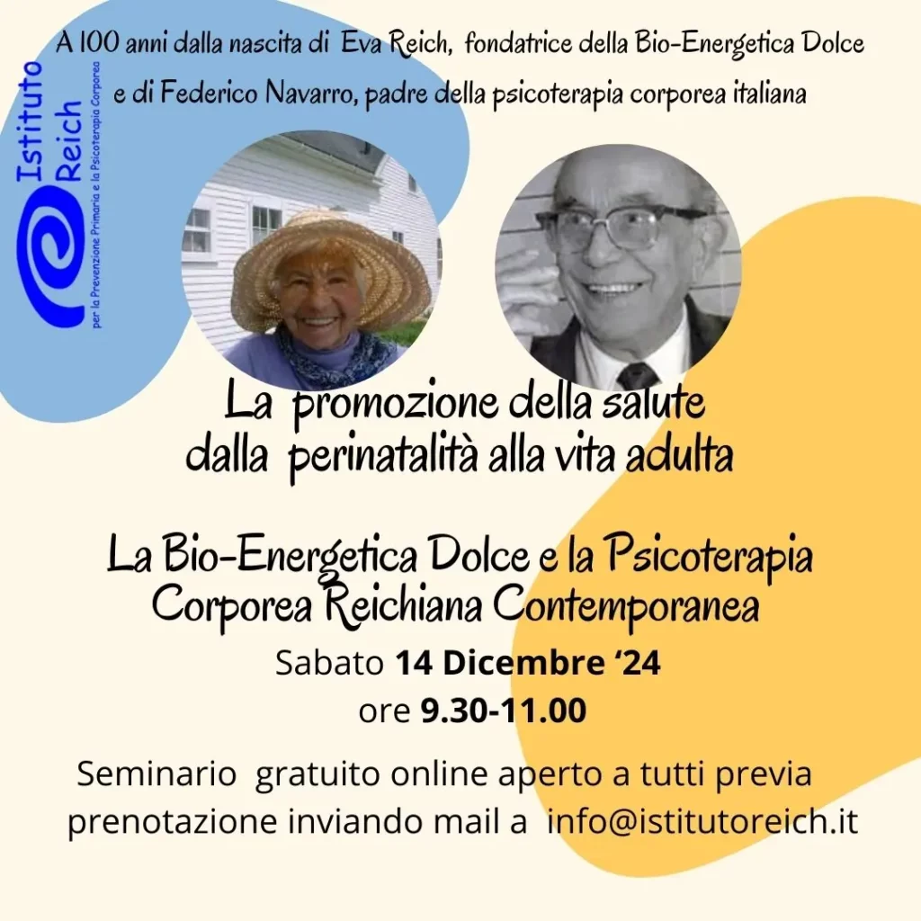 Locandina del seminario bio-energetica dolce psicoterapia corporea reichiana contemporanea